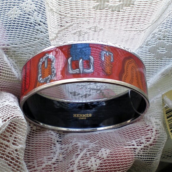 NWT Hermes Harnais Des Presidents Enamel Palladium Plated Wide Bracelet Size 70 - Picture 10 of 12